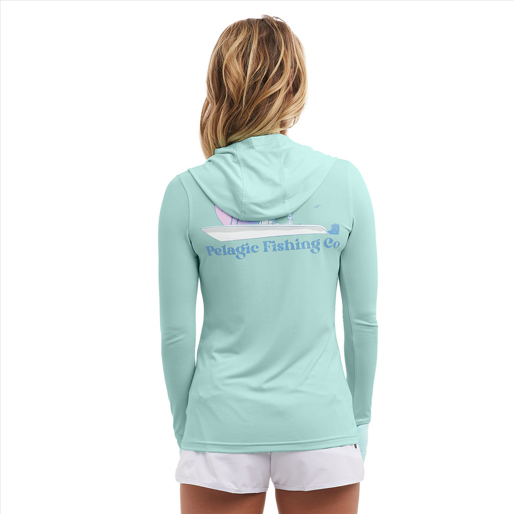 Pelagic Women's AquaTek Hooded Fishing Shirt Evening Fade - Tropical Aqua