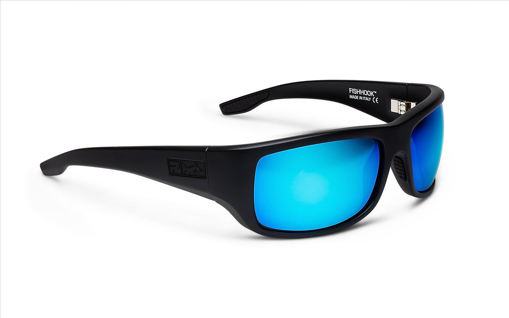 Pelagic Gear Fish Hook Sunglasses, Matte Black, Blue Mirror