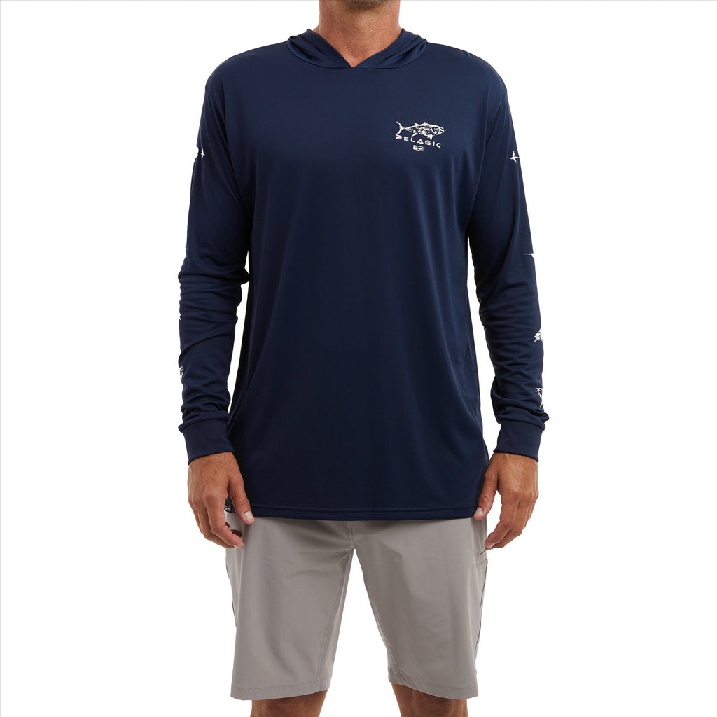 Pelagic Aquatek Gyotaku Hooded Fishing Shirt - Navy