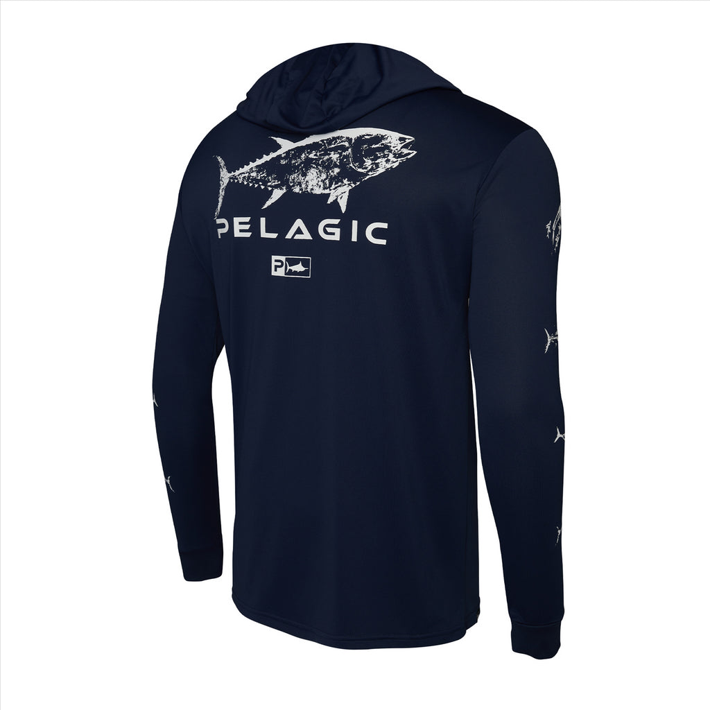 Pelagic Aquatek Gyotaku Hooded Fishing Shirt - Navy