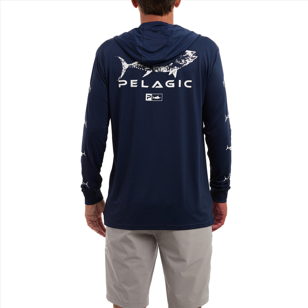 Pelagic Aquatek Gyotaku Hooded Fishing Shirt - Navy