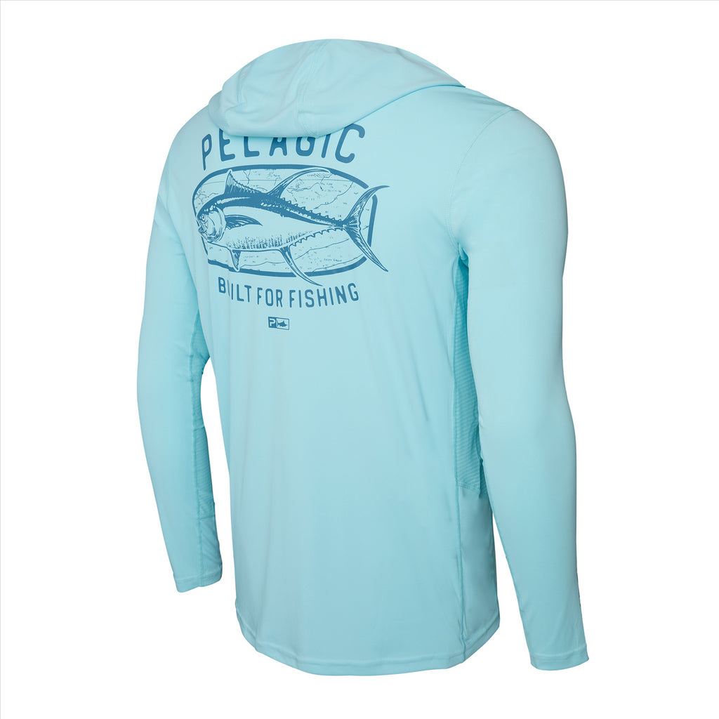 Pelagic Vaportek Map Fish Hooded Fishing Shirt - Tahiti Blue