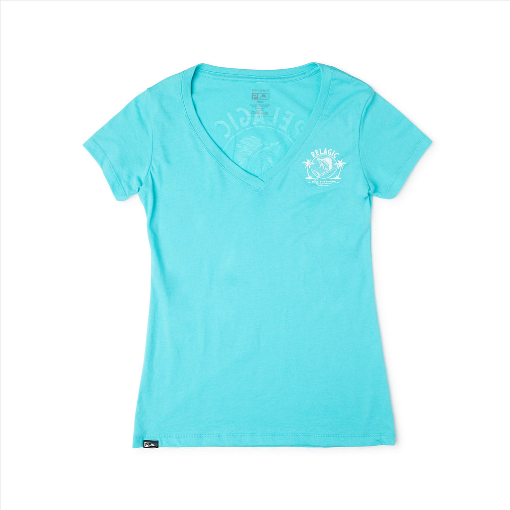 Pelagic WS Twin Palms V Neck T-Shirt - Tahiti Blue