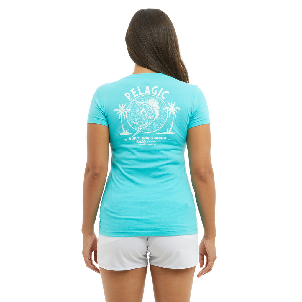 Pelagic WS Twin Palms V Neck T-Shirt - Tahiti Blue
