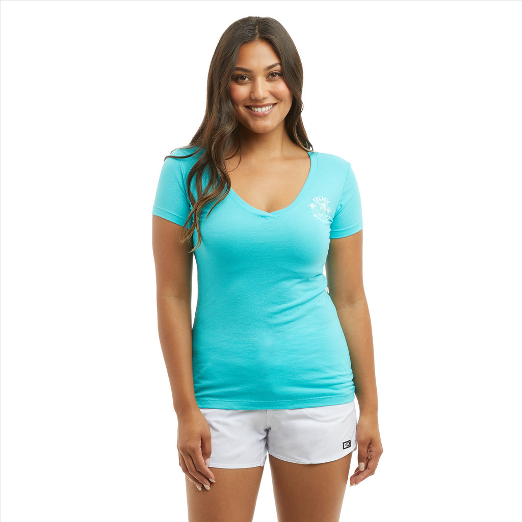 Pelagic WS Twin Palms V Neck T-Shirt - Tahiti Blue