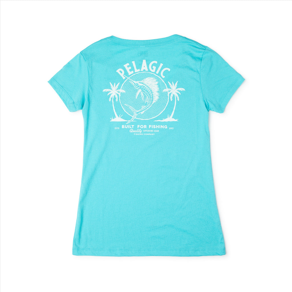 Pelagic WS Twin Palms V Neck T-Shirt - Tahiti Blue